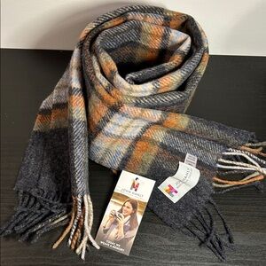 Women's Tartan Wool Scarf - Navy, Orange, Cream